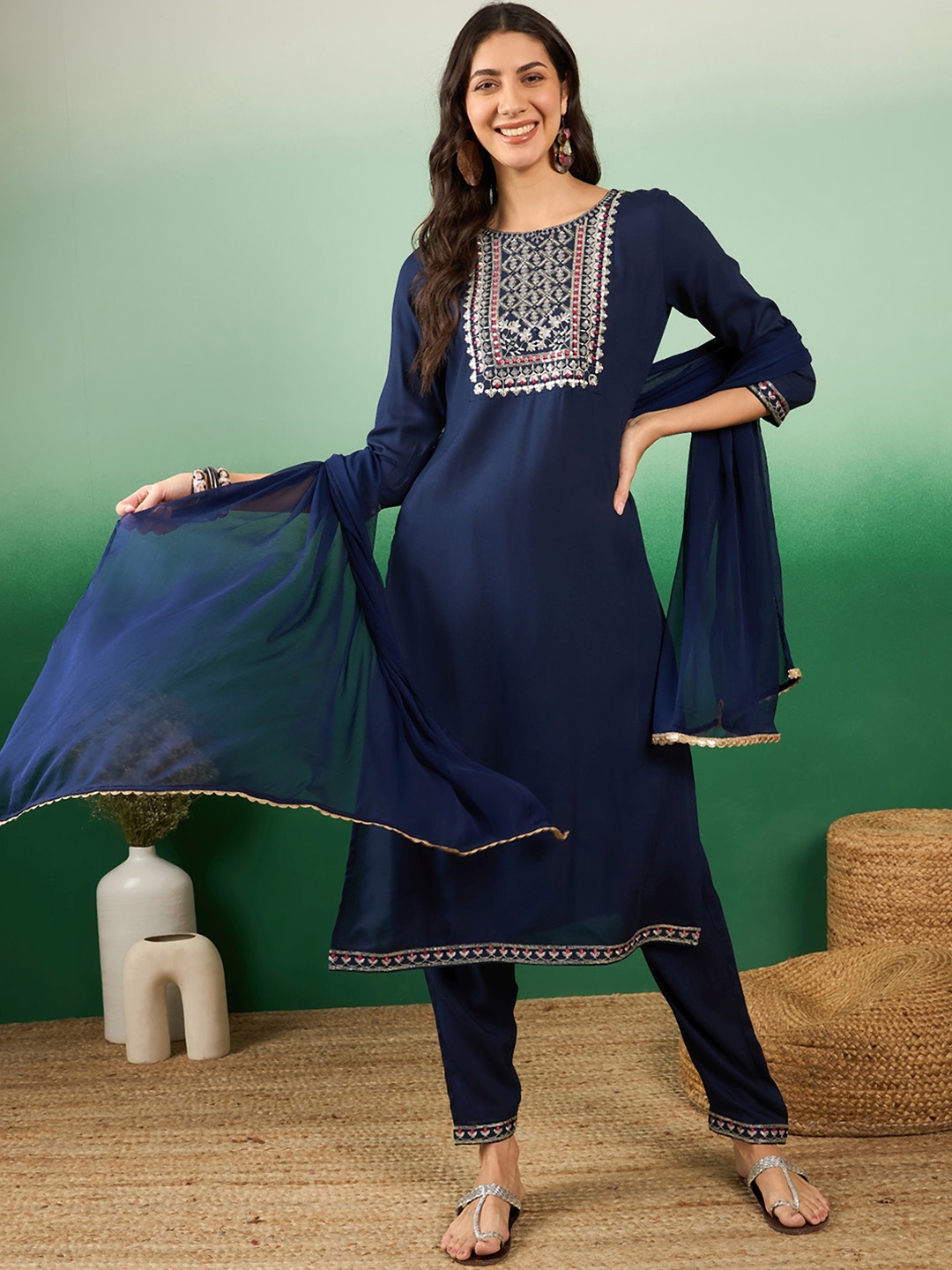 

Sangria Navy Blue Floral Embroidered Round Neck Straight Kurta With Trousers & Dupatta