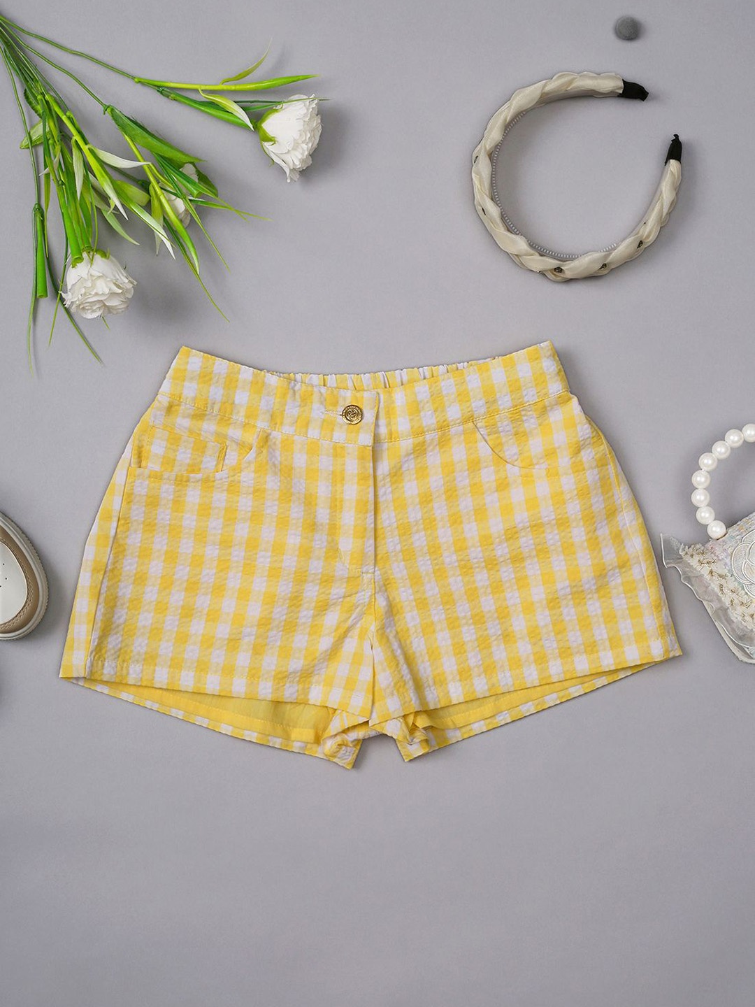 

One Friday Girls Checked Regular Fit Hot Pants Shorts, Yellow