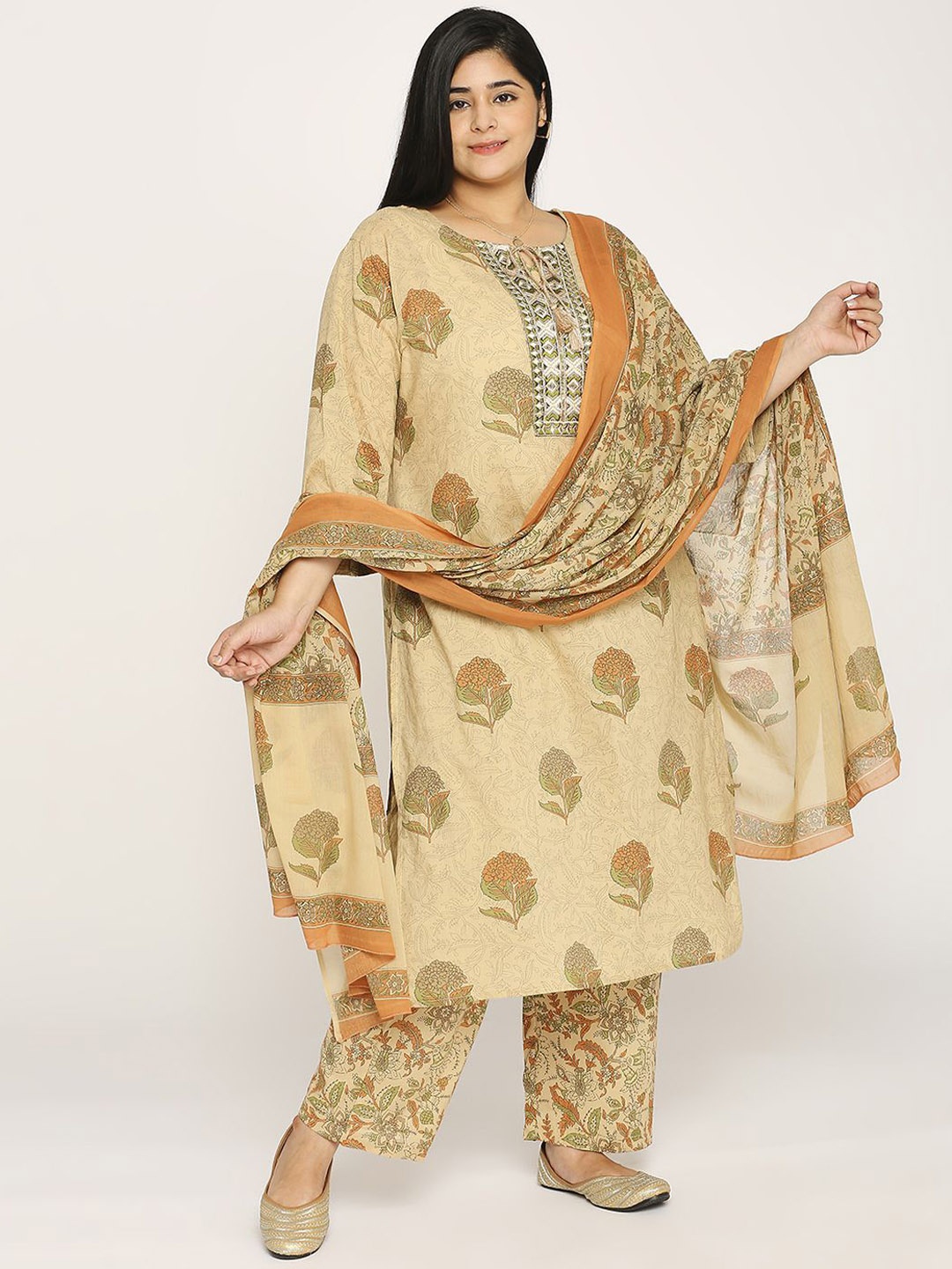

ZRI Ethnic Motifs Printed Regular Pure Cotton Straight Kurta with Trousers & With Dupatta, Beige