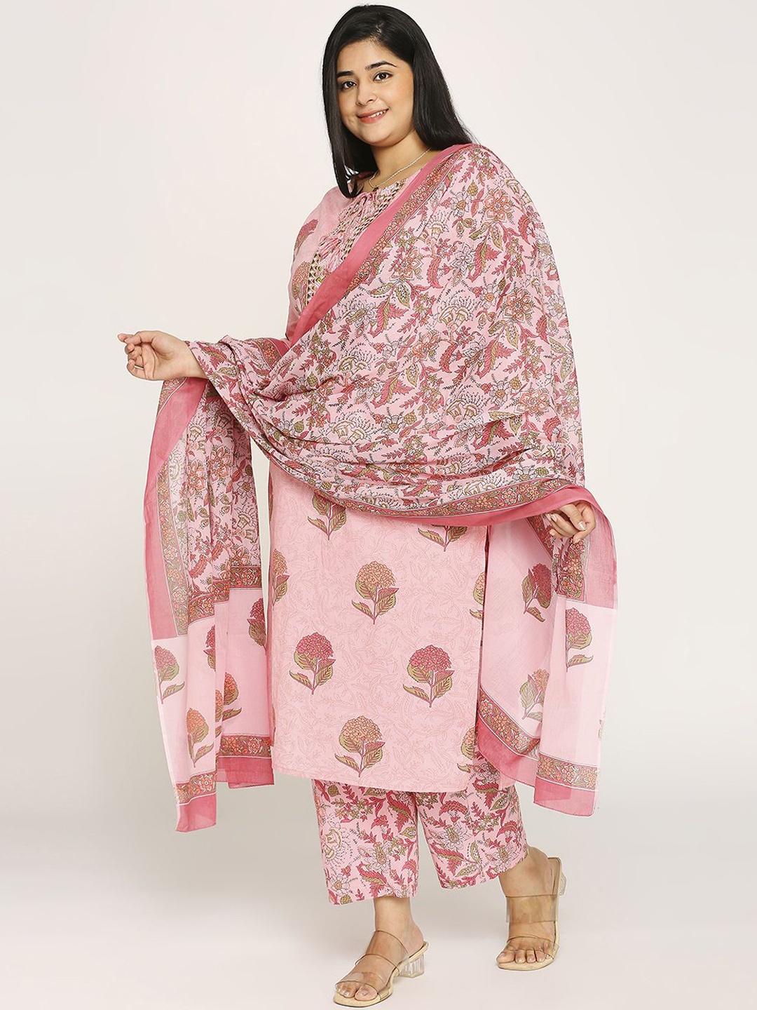 

ZRI Plus Size Ethnic Motifs Printed Thread Work Pure Cotton Kurta with Trouser & Dupatta, Pink
