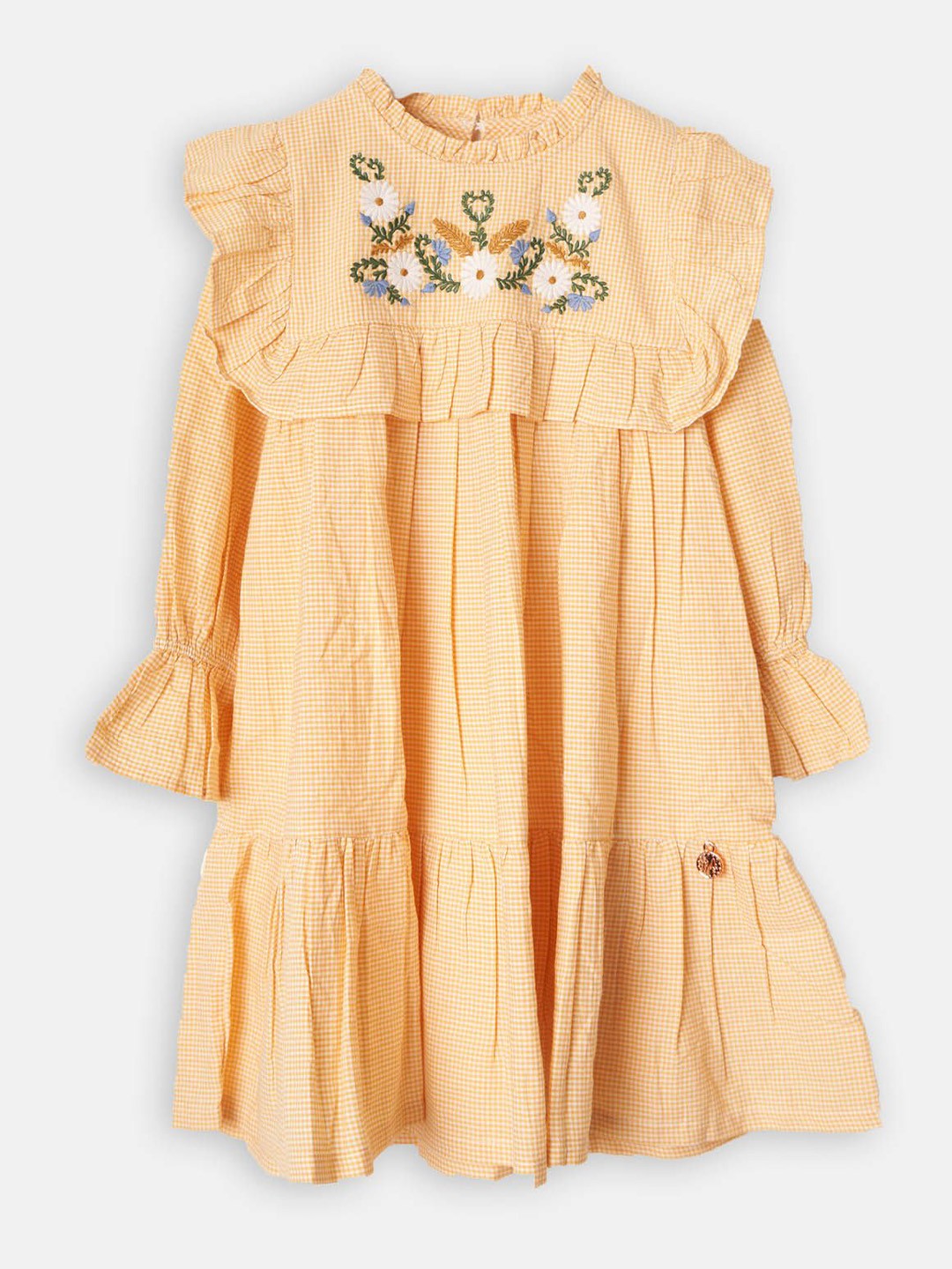 

Angel & Rocket Girls Checked Bell Sleeves Embroidered Cotton A-Line Dress, Yellow