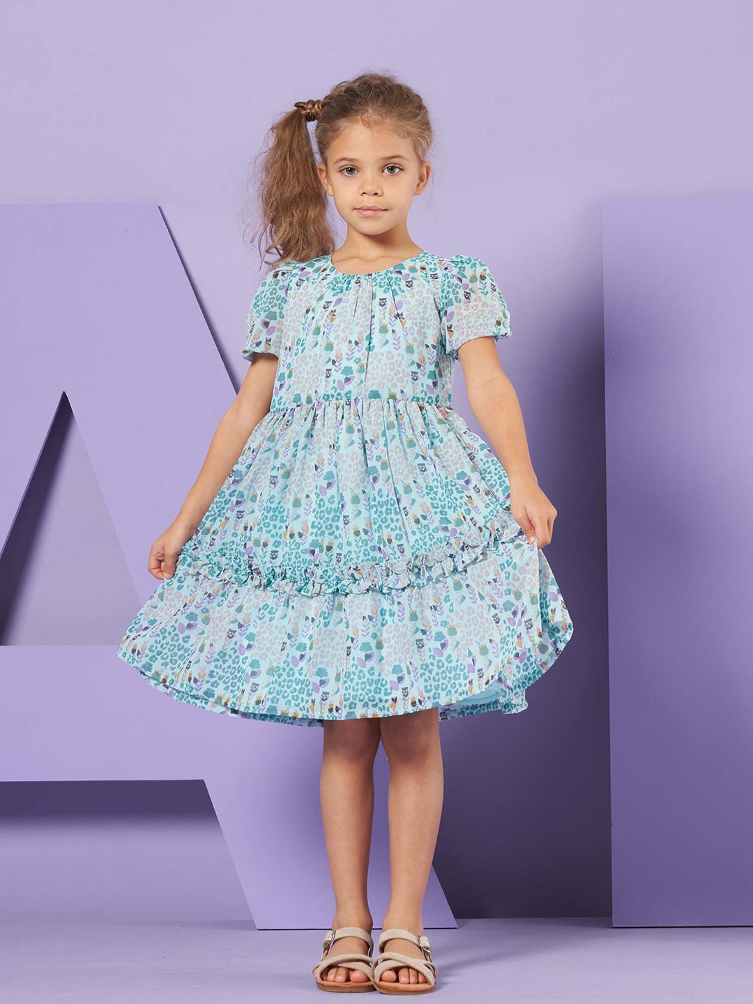 

Angel & Rocket Girls Floral Print Puff Sleeves Tiered Fit & Flare Dress, Blue