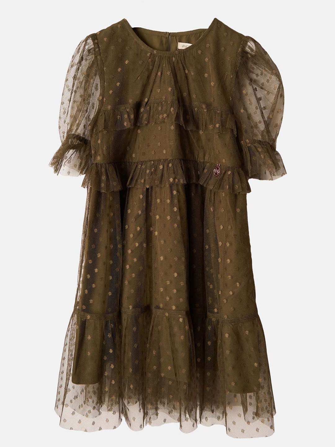 

Angel & Rocket Girls Self Design Puff Sleeves A-Line Dress, Olive
