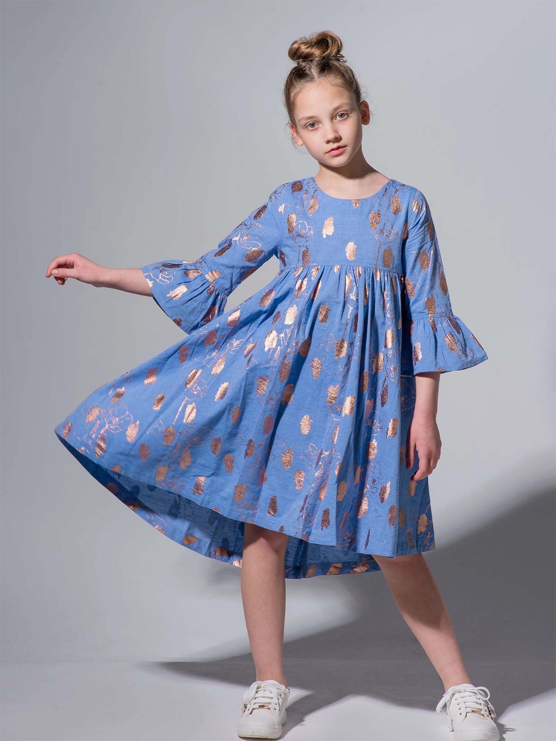 

Angel & Rocket Girls Round Neck Bell Sleeve Cotton Fit and Flare Dress, Blue