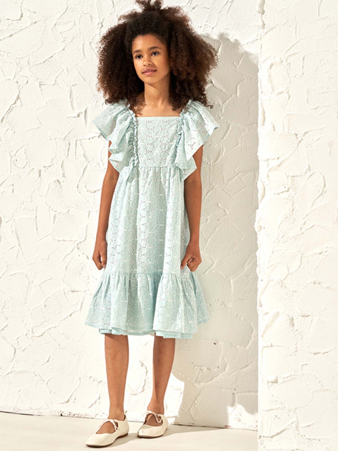 

Angel & Rocket Girls Flutter Sleeve A-Line Cotton Dress, Turquoise blue