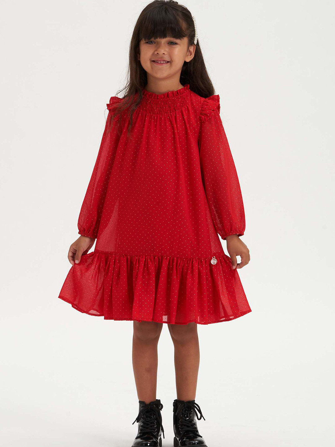 

Angel & Rocket Girls Self Design Puff Sleeve A-Line Dress, Red