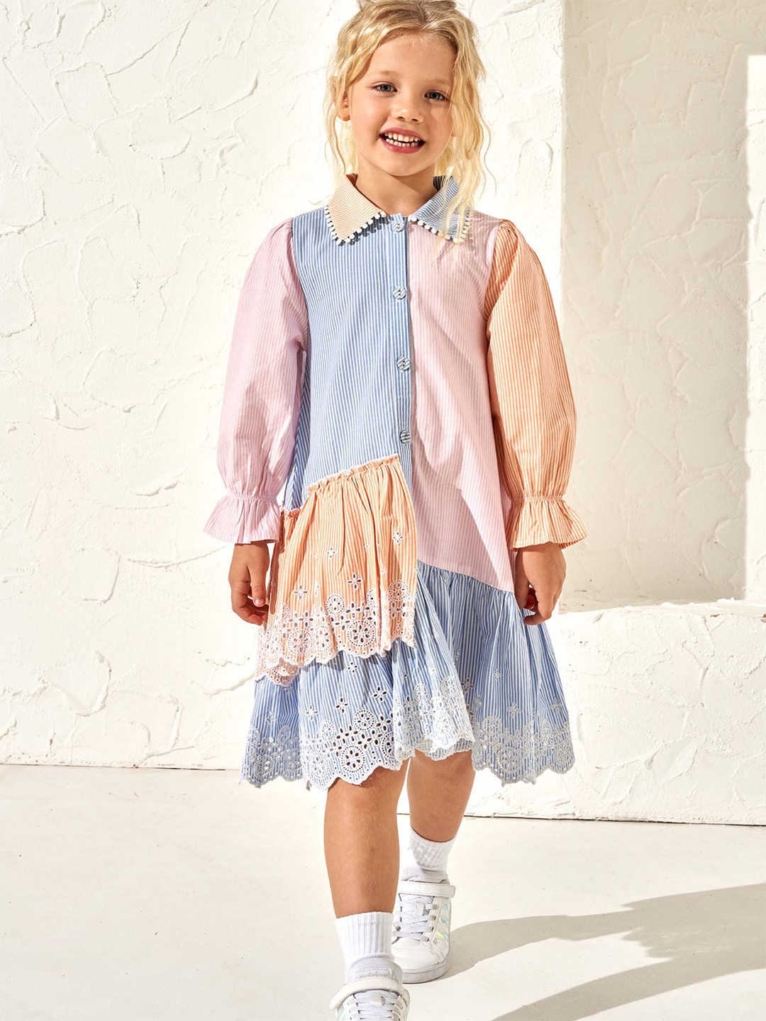 

Angel & Rocket Girls Colourblocked A-Line Shirt Collar Cotton Dress, Pink