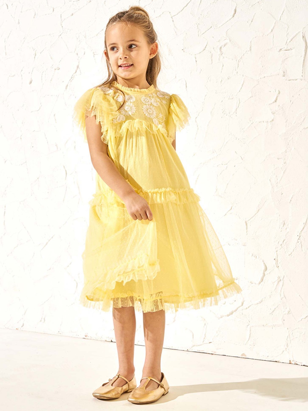 

Angel & Rocket Girls Floral Embroidered Ruffled A-Line Dress, Yellow