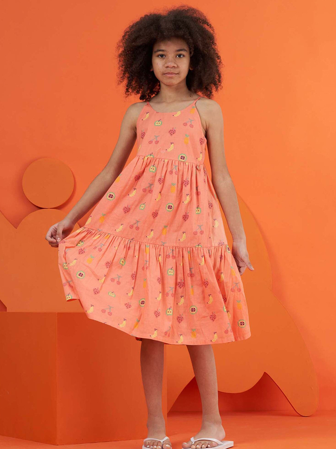 

Angel & Rocket Girls Abstract Printed Shoulder Straps Cotton A-Line Midi Dress, Coral