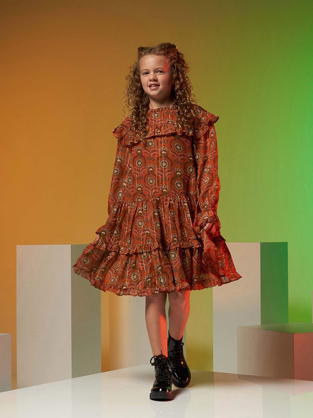

Angel & Rocket Floral Print Cuffed Sleeves A-Line Dress, Brown