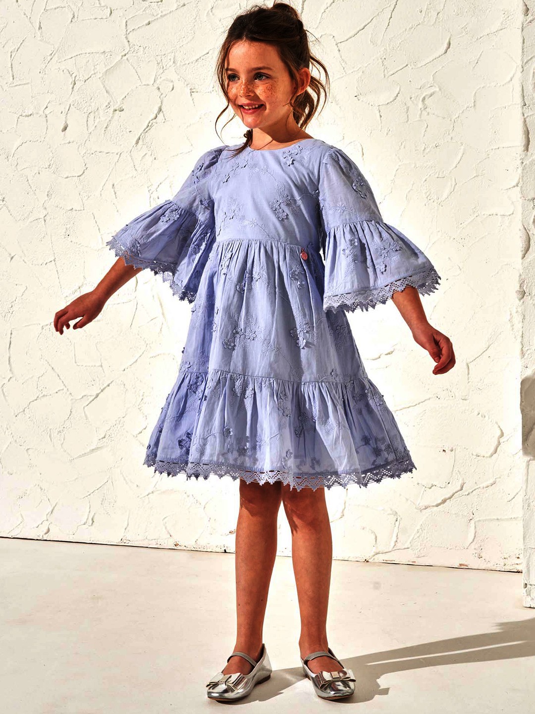

Angel & Rocket Girls Self Design Bell Sleeve Cotton A-Line Dress, Blue
