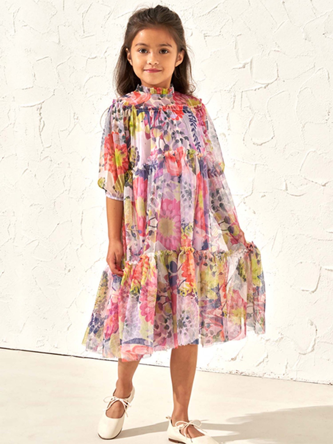 

Angel & Rocket Girls Floral Print High Neck Puff Sleeves Tiered A-Line Dress, Pink
