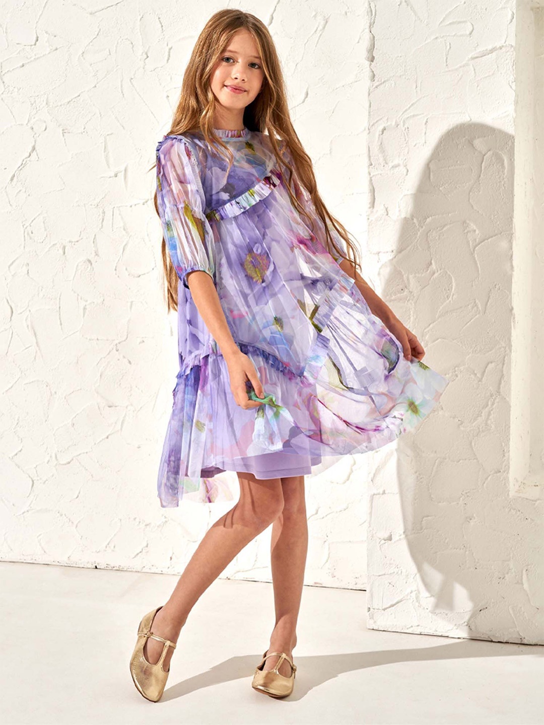

Angel & Rocket Girls Abstract Printed Cuffed Sleeves A-Line Dress, Lavender