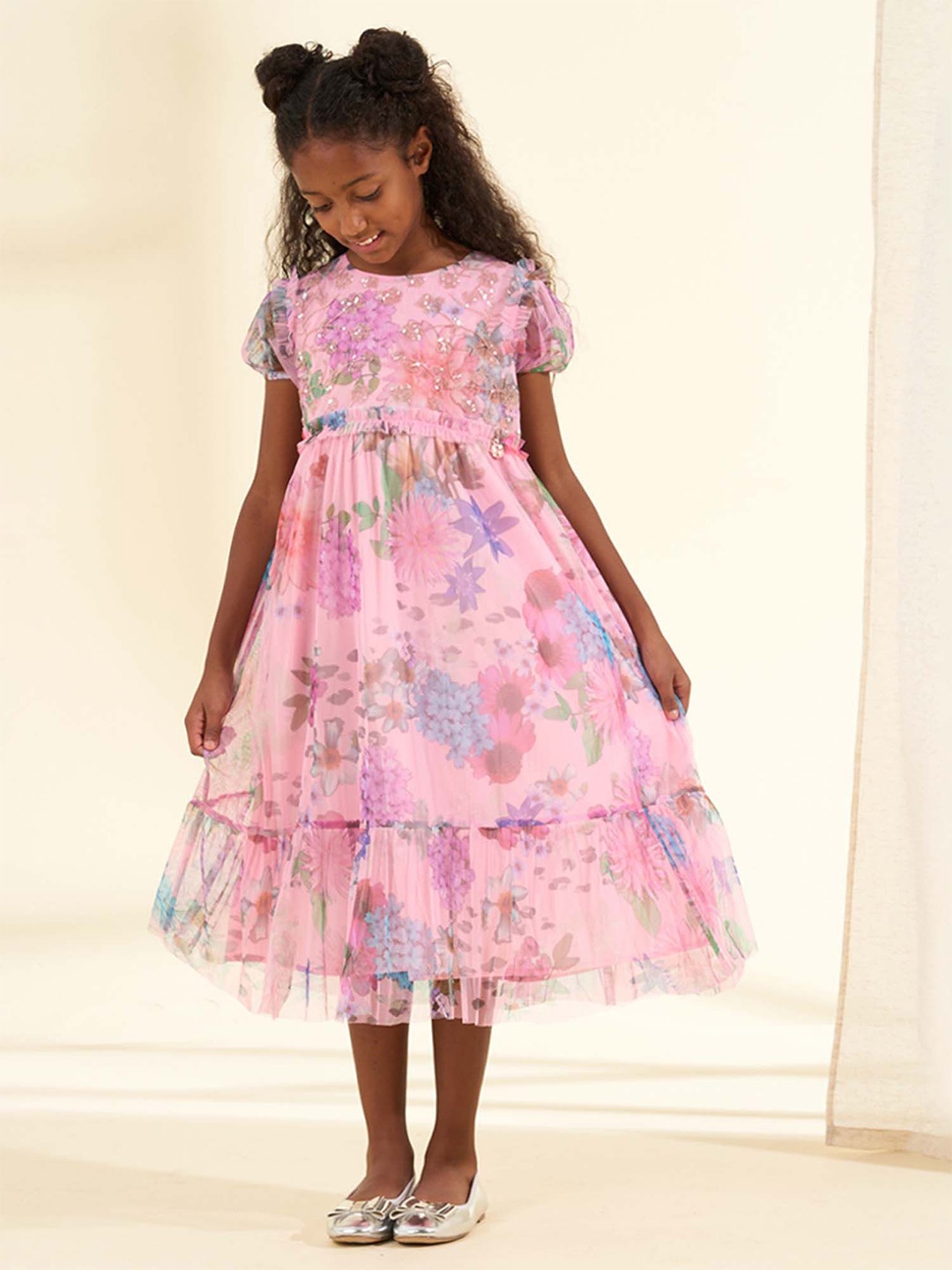 

Angel & Rocket Girls Floral Printed Sequined Round Neck Puff Sleeve Fit & Flare Midi Dress, Pink