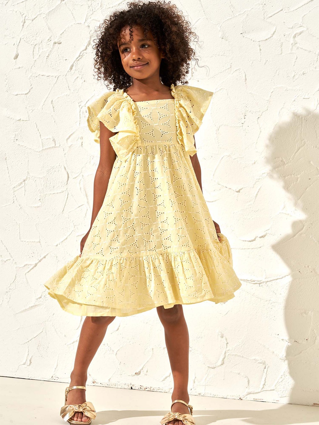 

Angel & Rocket Girls Floral Self Design Cotton A-Line Dress, Yellow