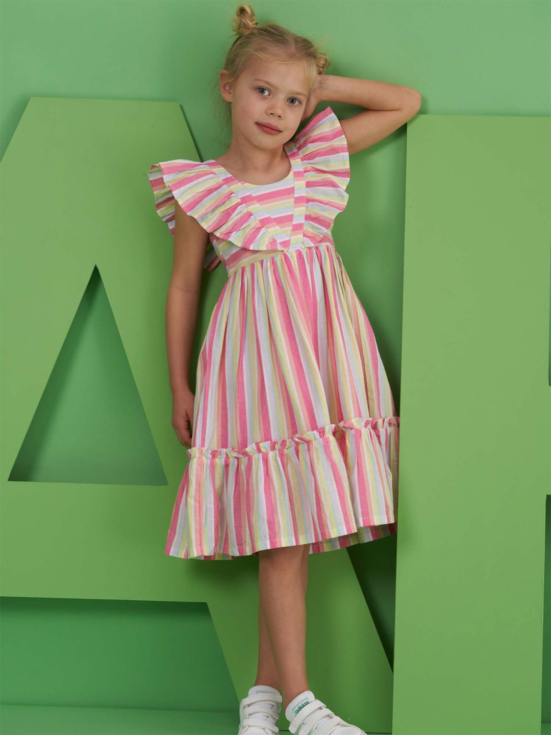 

Angel & Rocket Girls Striped Flutter Sleeve Cotton Fit & Flare Dress, Pink