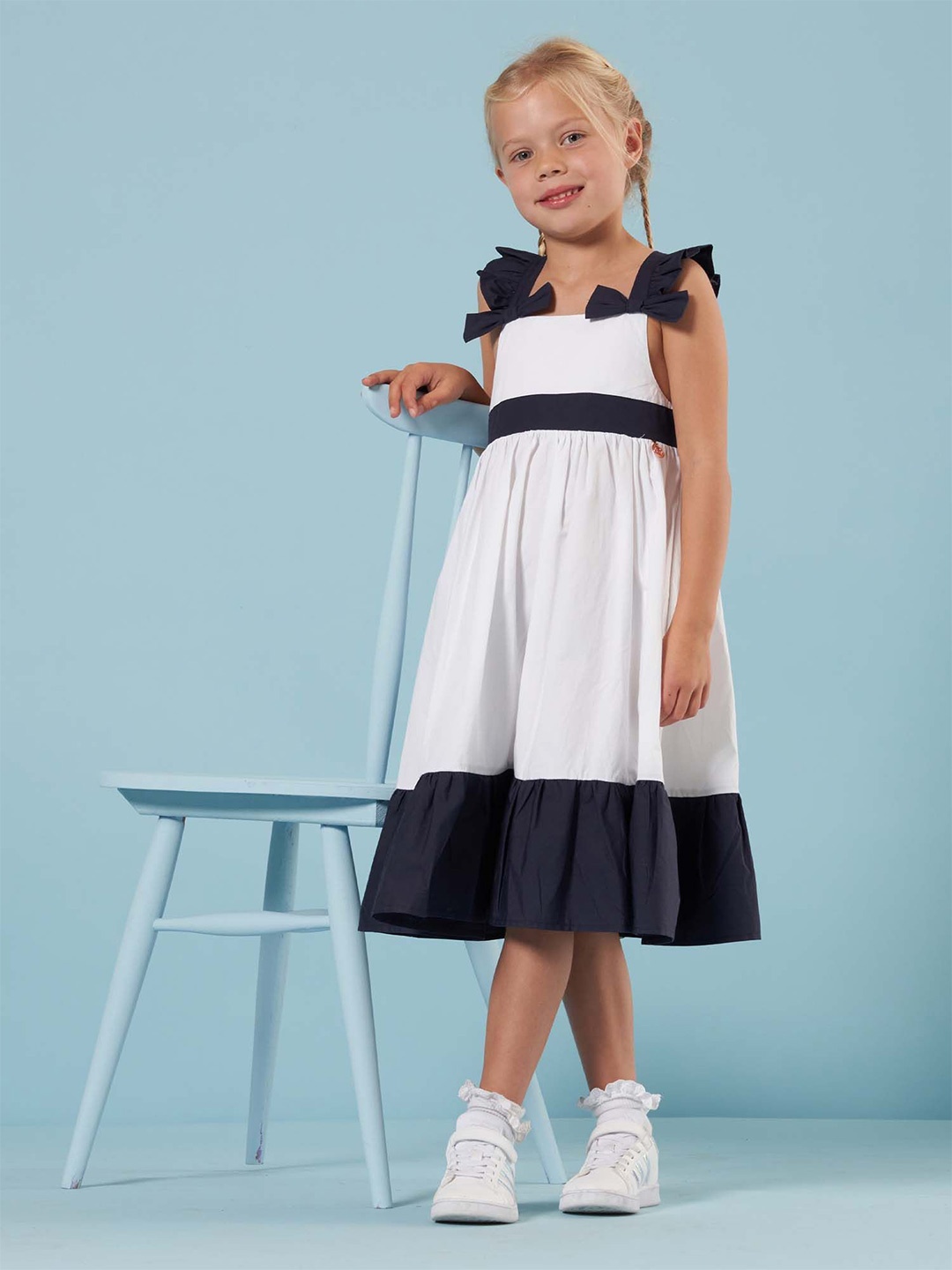 

Angel & Rocket Girls Coloblocked Shoulder Strap Cotton Fit & Flare Midi Dress, White