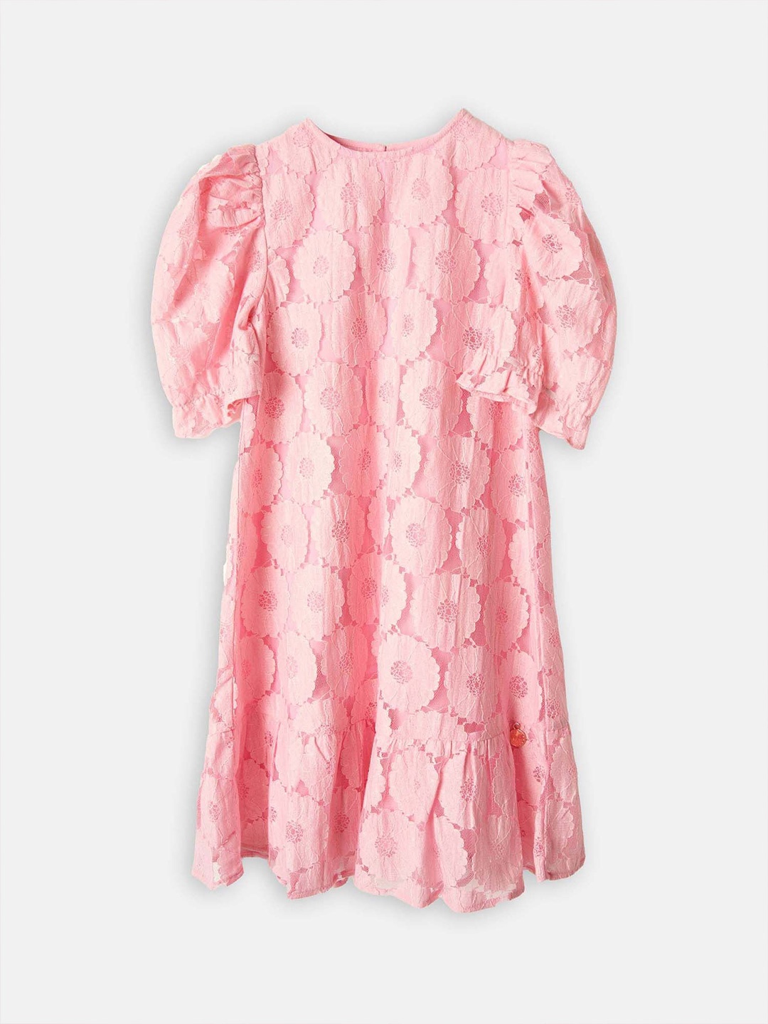 

Angel & Rocket Girls Self Design Puff Sleeves Cotton A-Line Dress, Pink