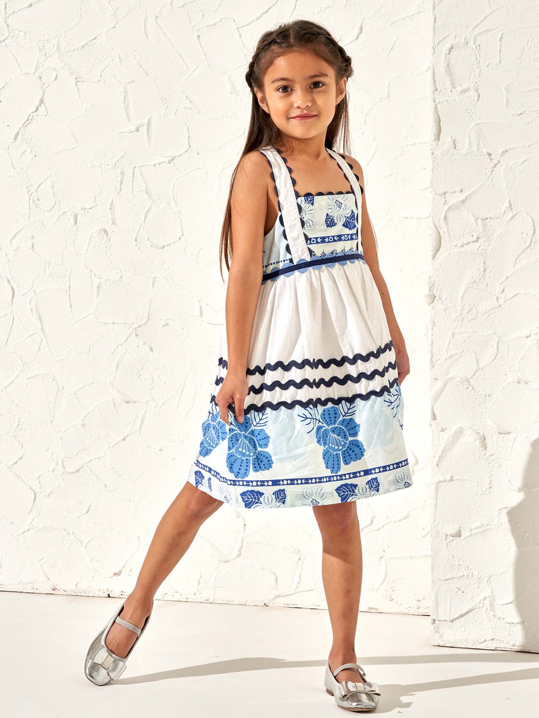 

Angel & Rocket Girls Geometric Print Square Neck Cotton A-Line Dress, White