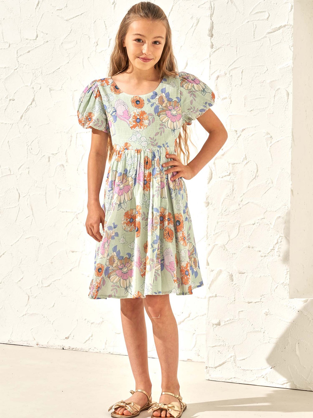 

Angel & Rocket Girls Floral Print Puff Sleeves Cotton Fit & Flare Dress, Green