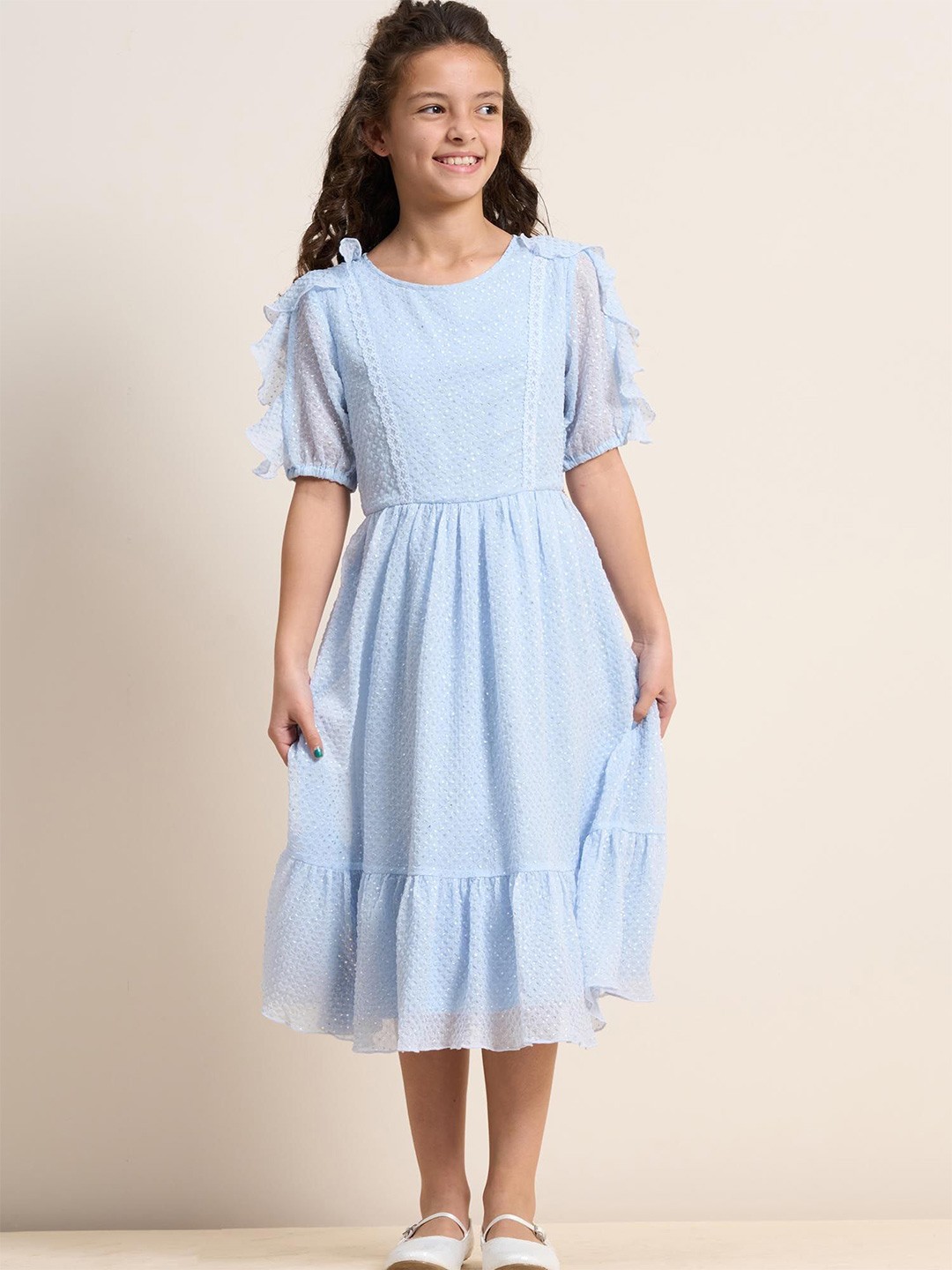 

Angel & Rocket Girls Self Design Puff Sleeve Fit & Flare Midi Dress, Blue