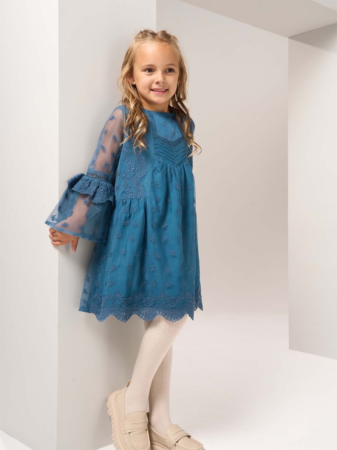 

Angel & Rocket Girls Self Design Bell Sleeves Lace-up A-Line Dress, Teal