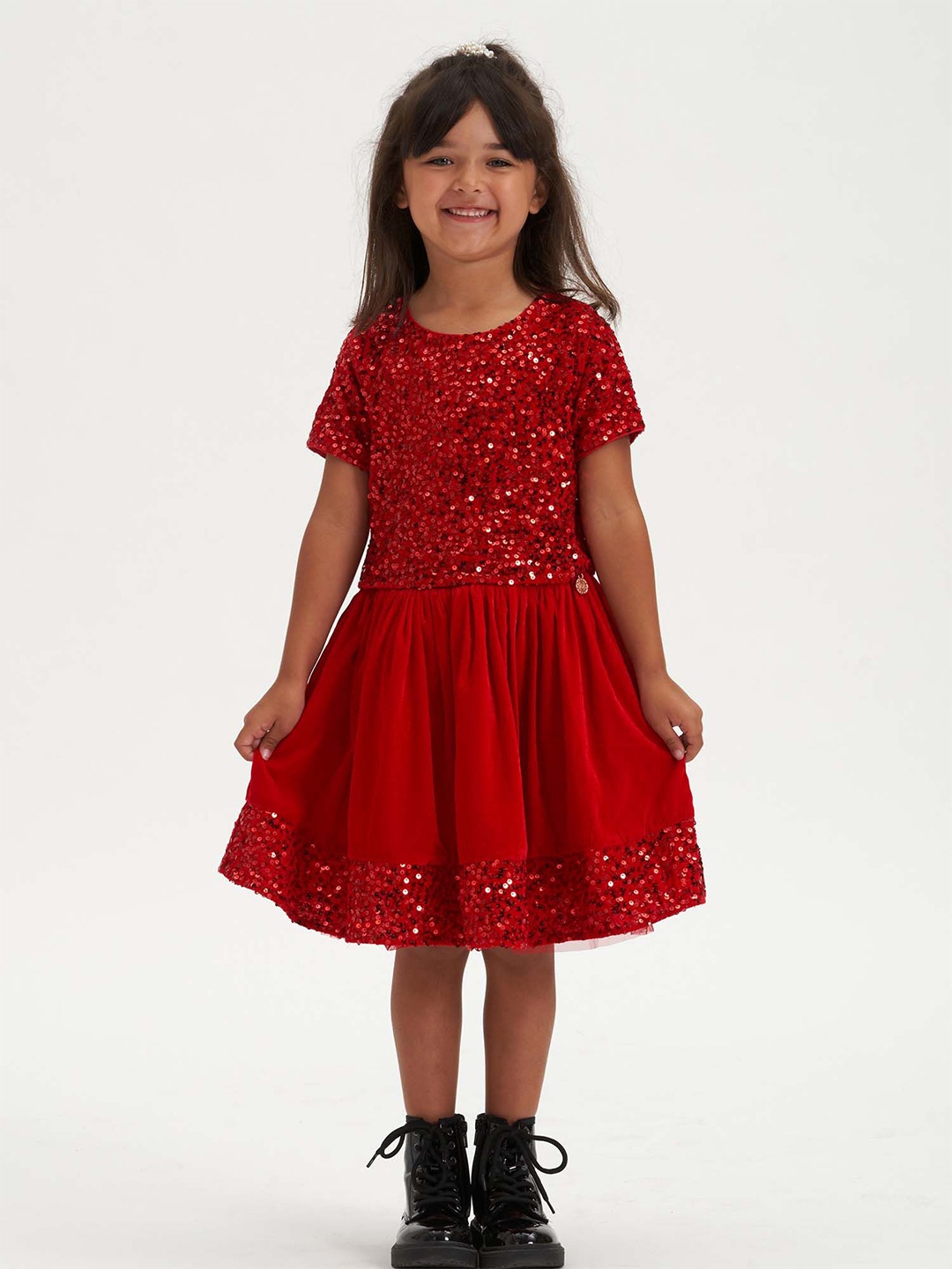 

Angel & Rocket Girls Round Neck Embellished Fit & Flare Dress, Red