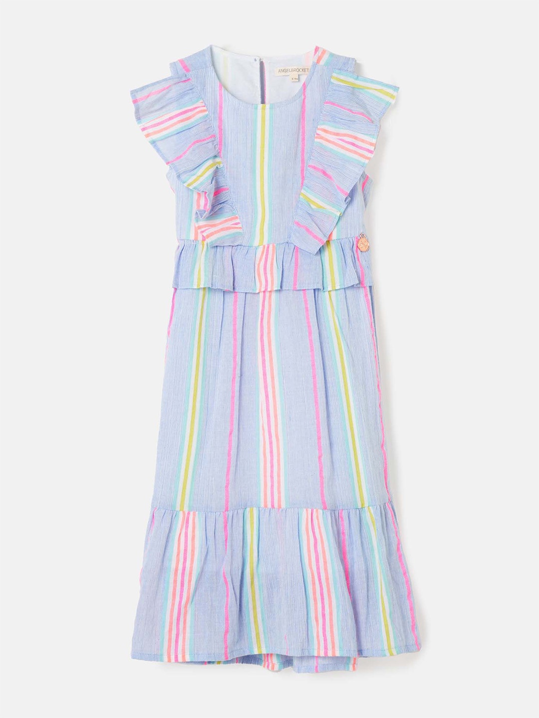 

Angel & Rocket Girls Striped Round Neck Sleeveless Ruffles A-Line Dress, Blue