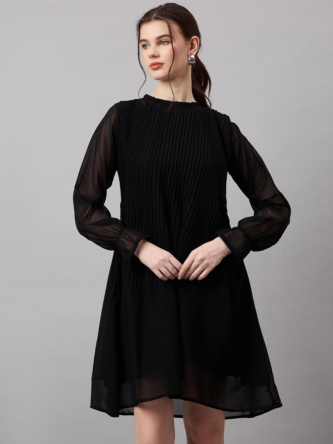 

The Roadster Lifestyle Co. High Neck Bell Sleeves Fit & Flare Mini Dress, Black