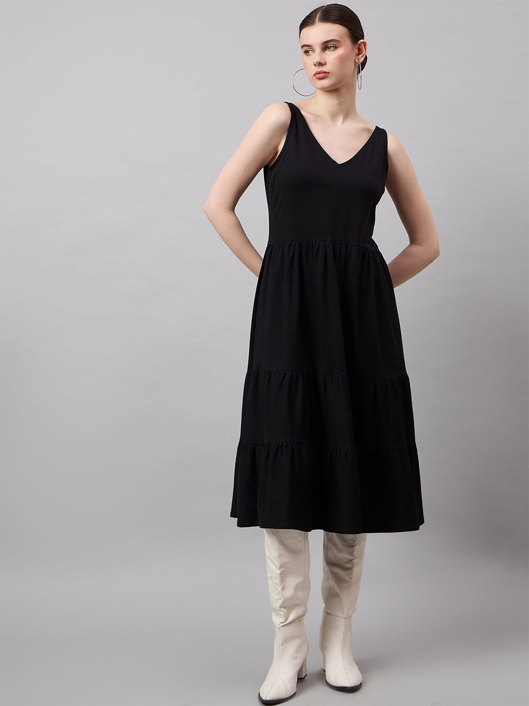 Roadster Georgette Sleeveless Solid Calf Length Fit and Flare Dress, Black