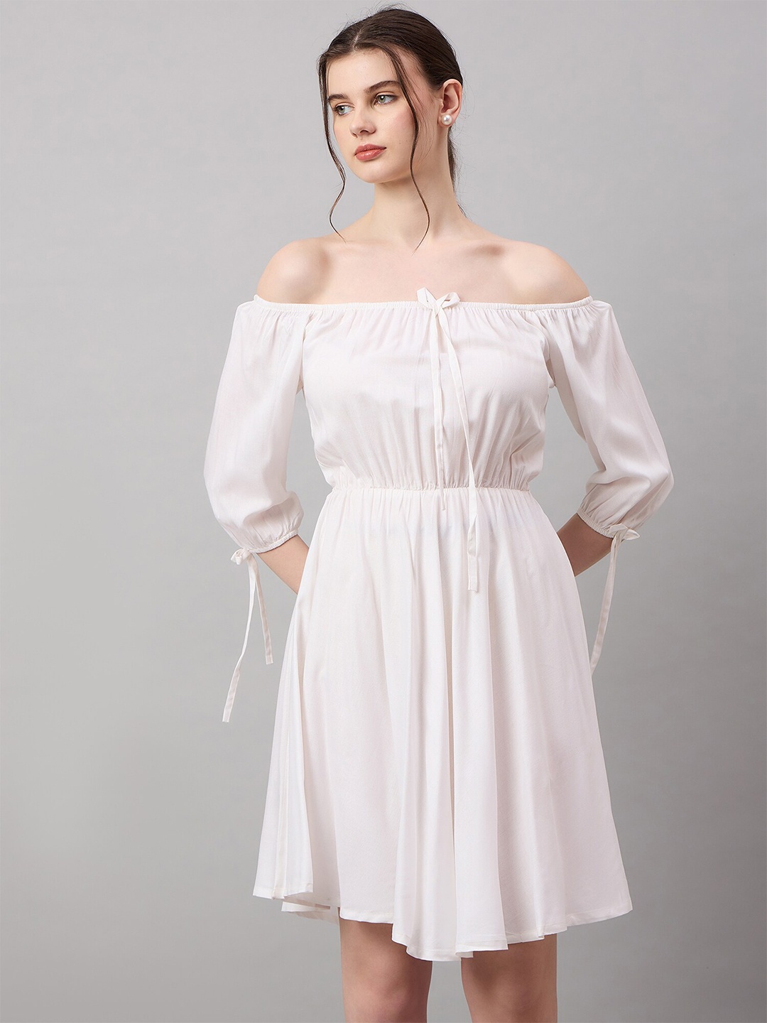 

Roadster Georgette Solid Mini Fit and Flare Dress, White