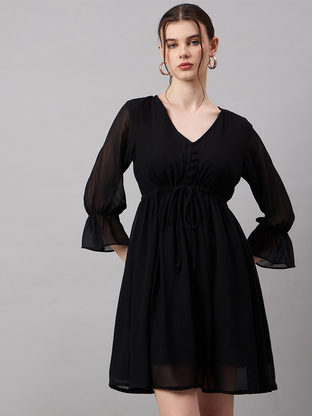 Roadster Georgette Solid Mini A Line Dress, Black