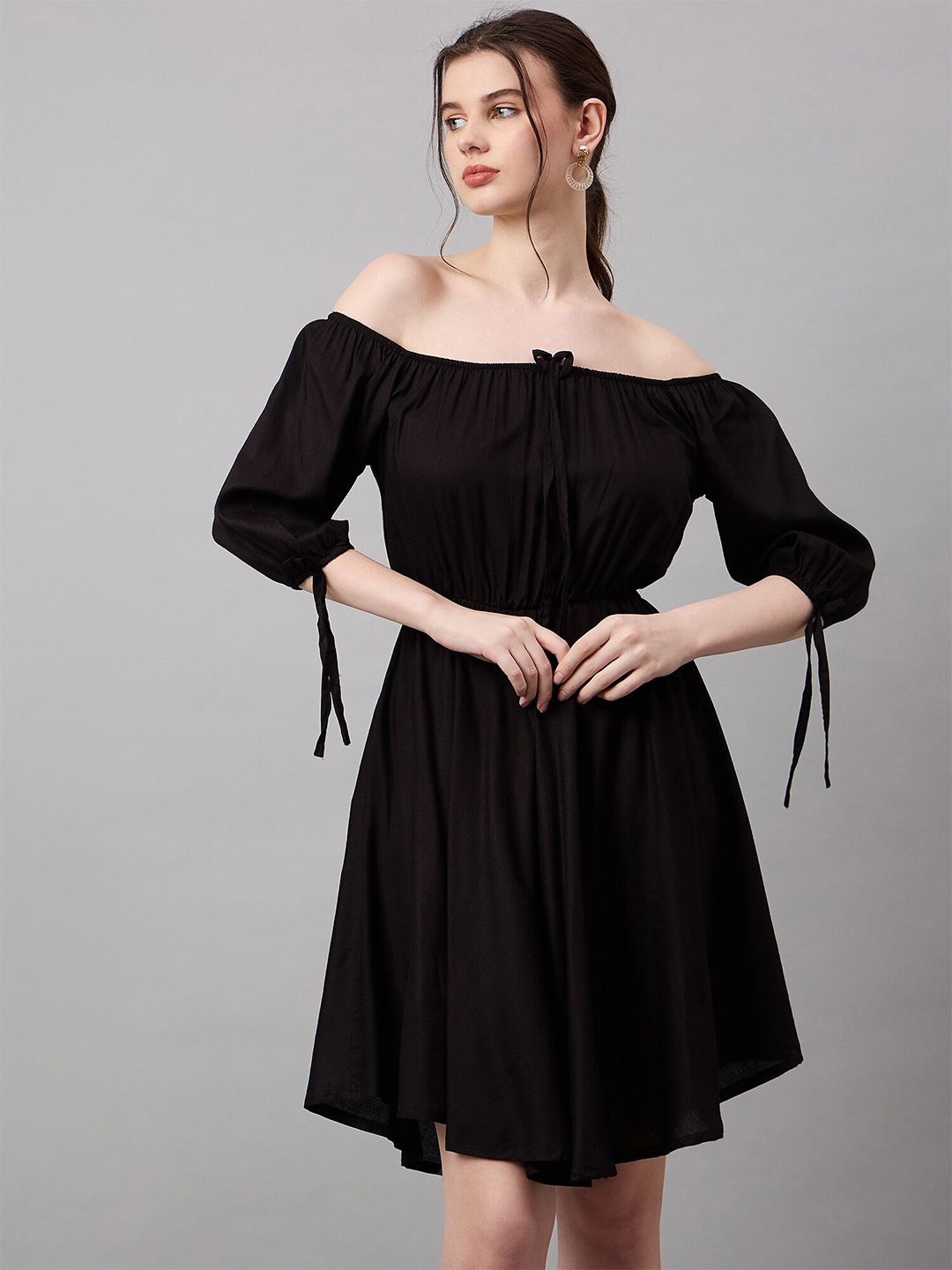 

Roadster Georgette Solid Mini Fit and Flare Dress, Black