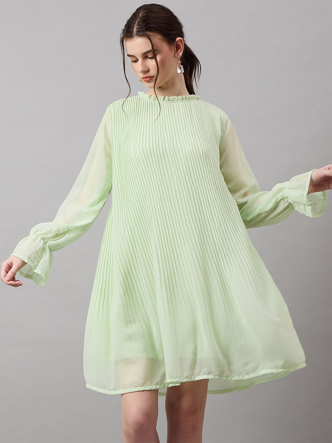 The Roadster Lifestyle Co. Green Round Neck Fit & Flared Mini Dress