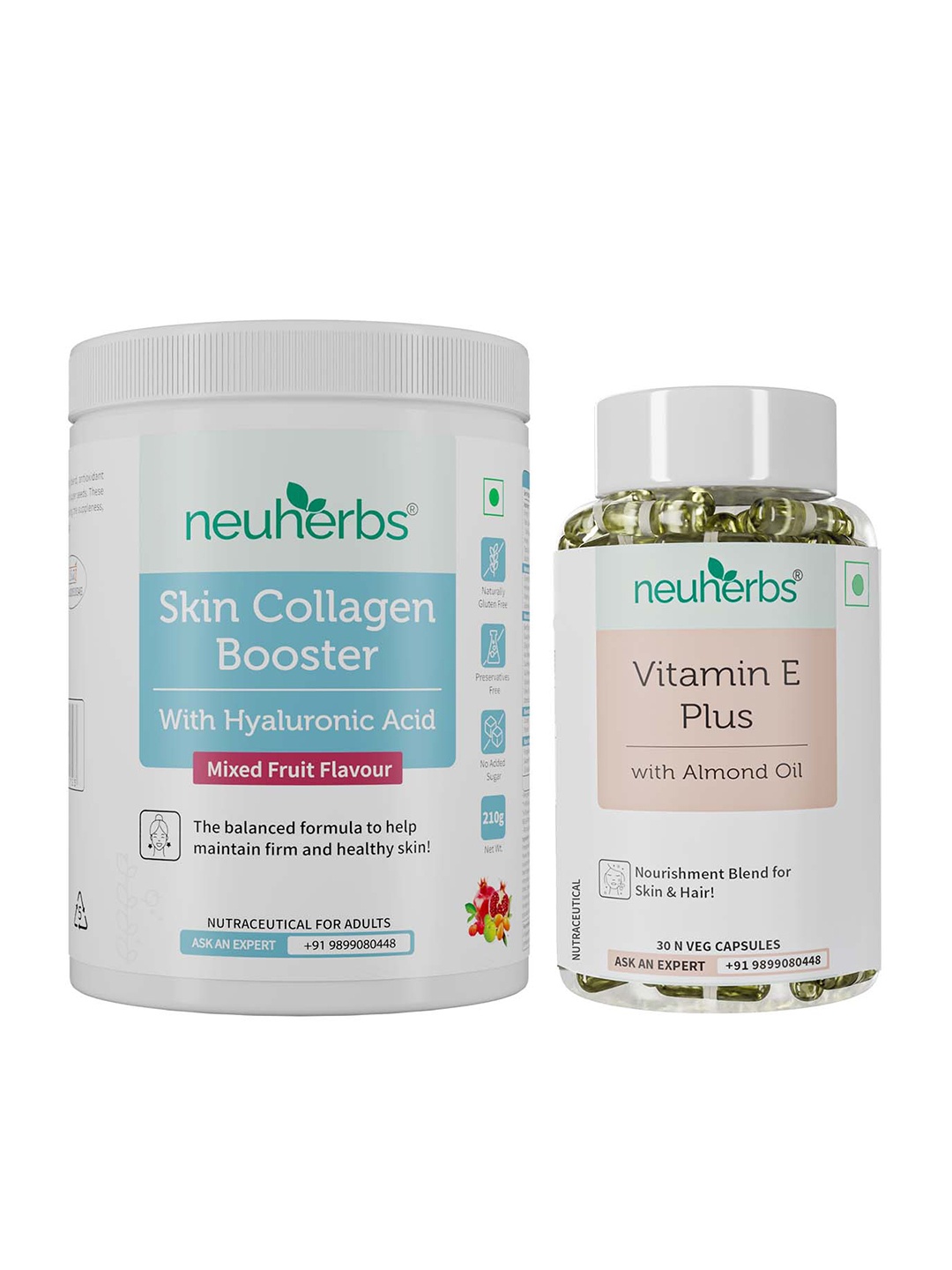 

Neuherbs Set of Skin Collagen Booster 210 g & Vitamin E Plus - 30 Capsules, White