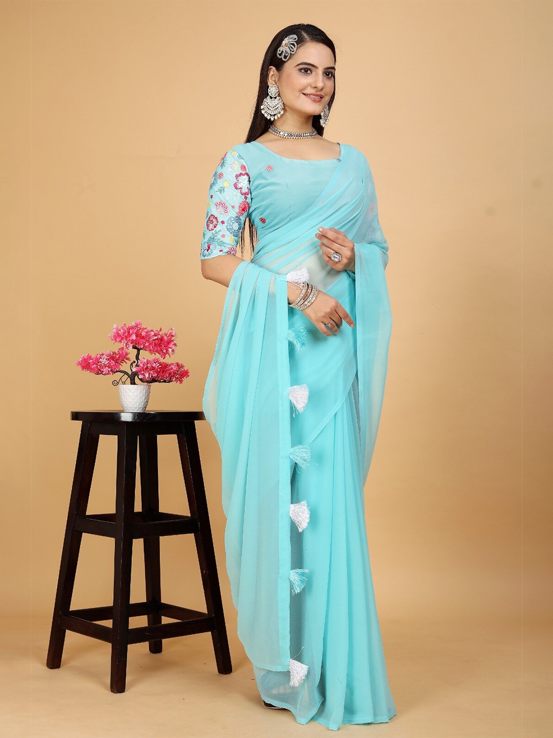 

K 5 Fashion Poly Georgette Saree, Blue