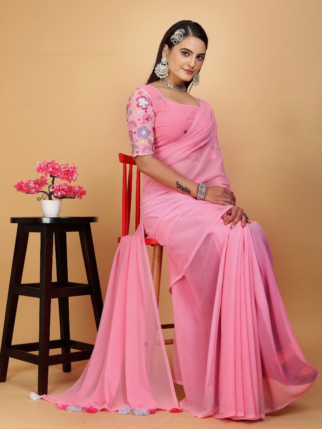 

K 5 Fashion Poly Georgette Saree, Pink