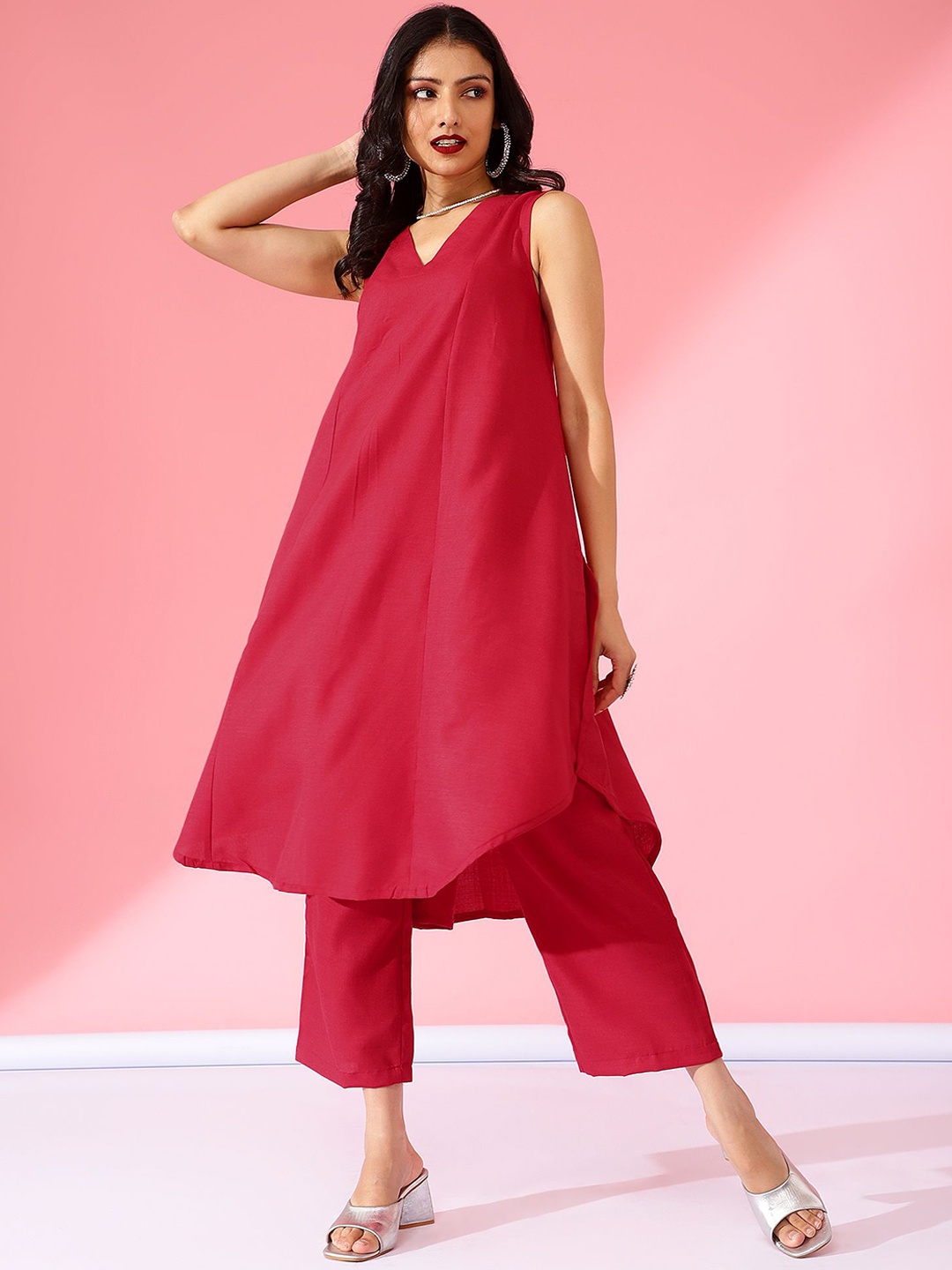 

Bani Women V-Neck Sleeveless A-Line Kurta with Palazzos, Red