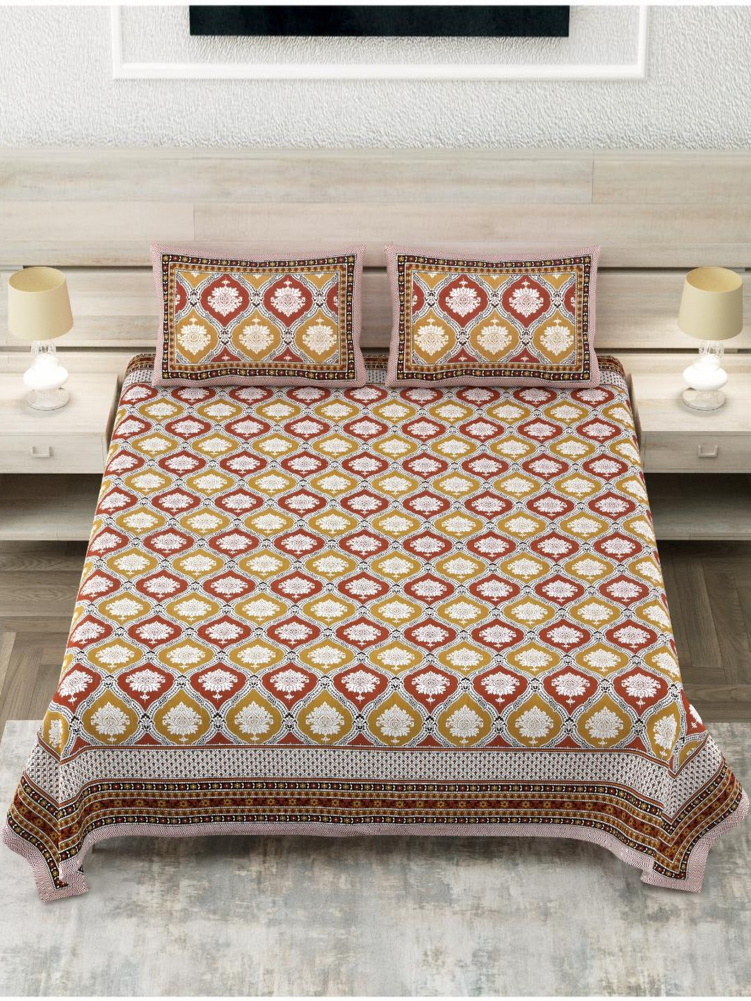 

Block Print Story Heritage Red & Brown Cotton 210 TC King Bedsheet With 2 Pillow Covers