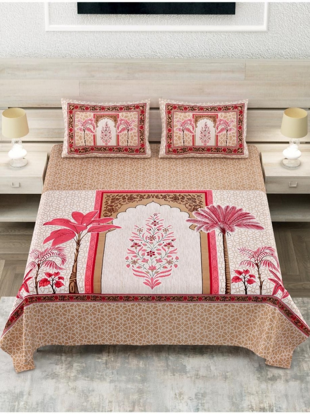 

Block Print Story Heritage Pink & White Cotton 210 TC King Bedsheet With 2 Pillow Covers