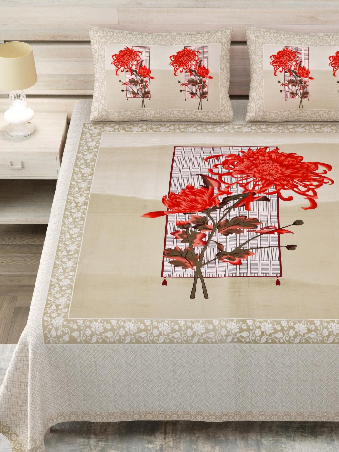 

Block Print Story Heritage Gold-Toned & Red Cotton 210 TC King Bedsheet & 2 Pillow Covers