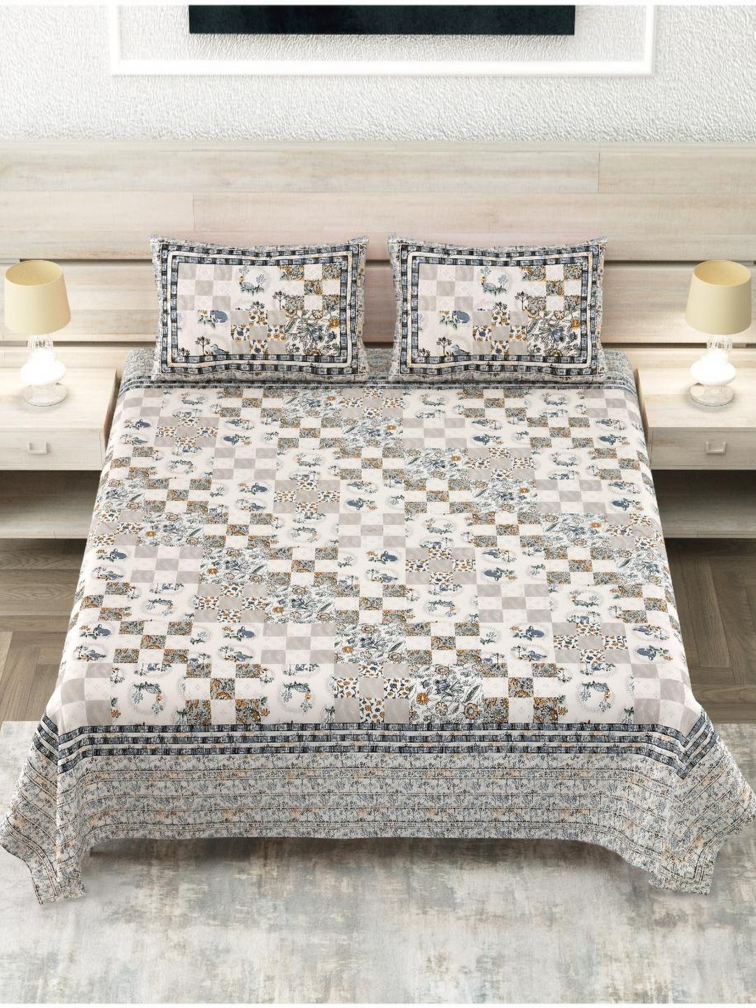 

Block Print Story Grey Ethnic Motifs Cotton 210 TC King Bedsheet With 2 Pillow Covers