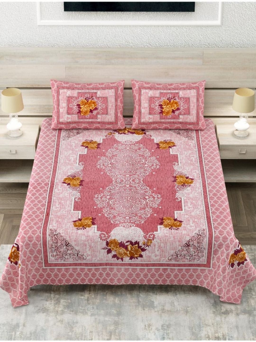 

Block Print Story Heritage Pink & White Cotton 210 TC King Bedsheet With 2 Pillow Covers