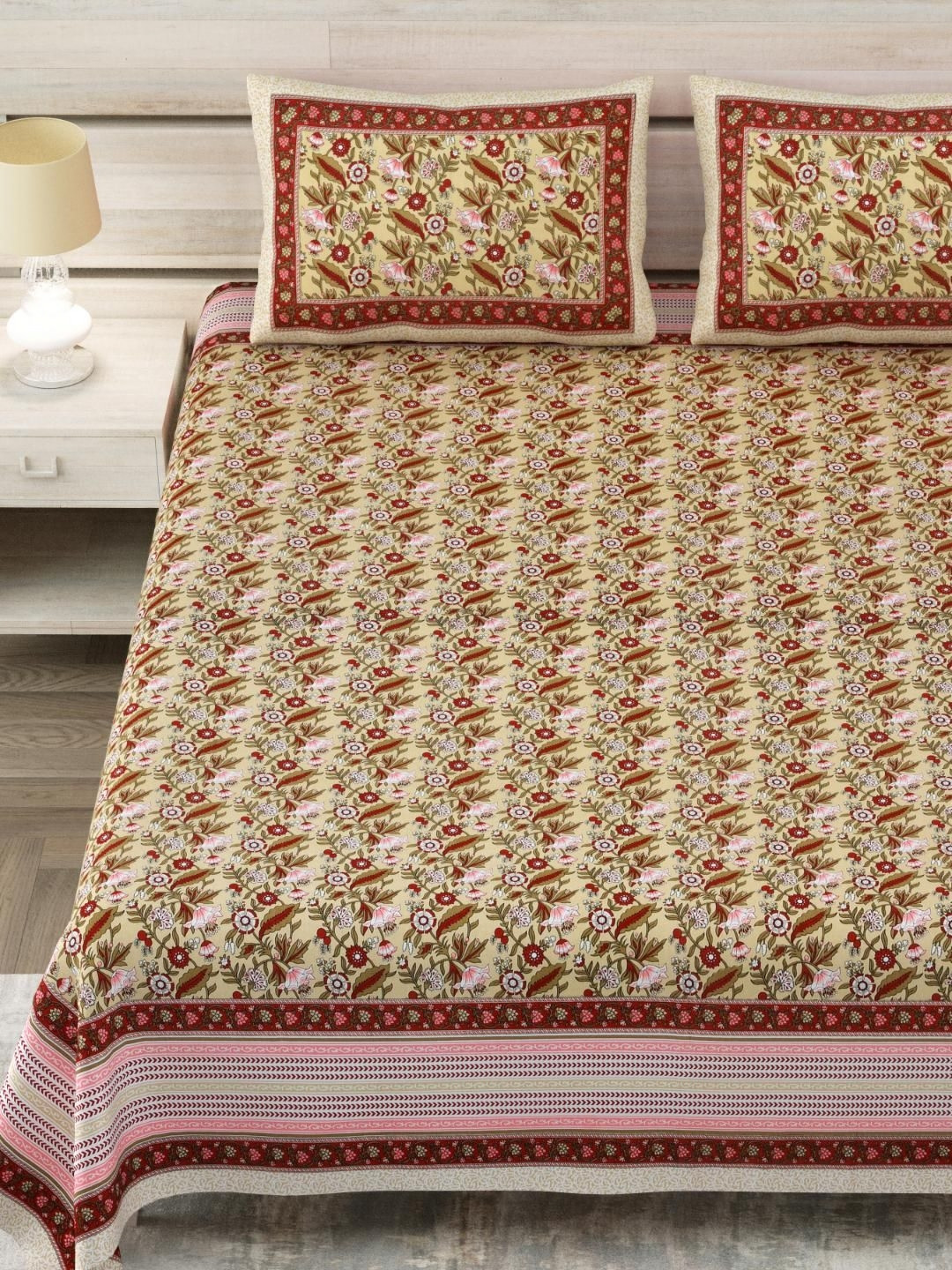 

Block Print Story Heritage Pink & Cream Cotton 210 TC King Bedsheet With 2 Pillow Covers