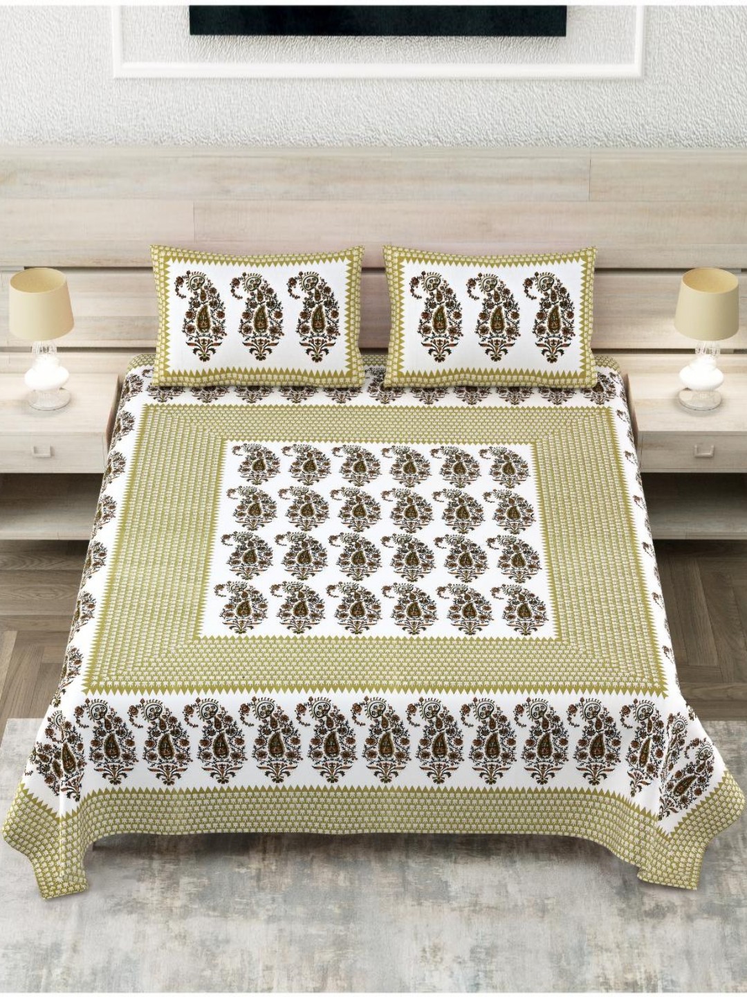 

Block Print Story Green Ethnic Motifs Cotton 210 TC King Bedsheet With 2 Pillow Covers