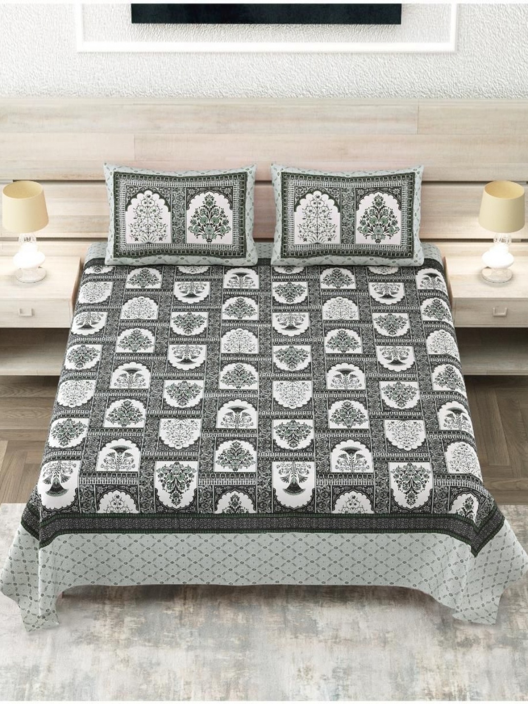 

Block Print Story Heritage Grey & White Cotton 210 TC King Bedsheet With 2 Pillow Covers