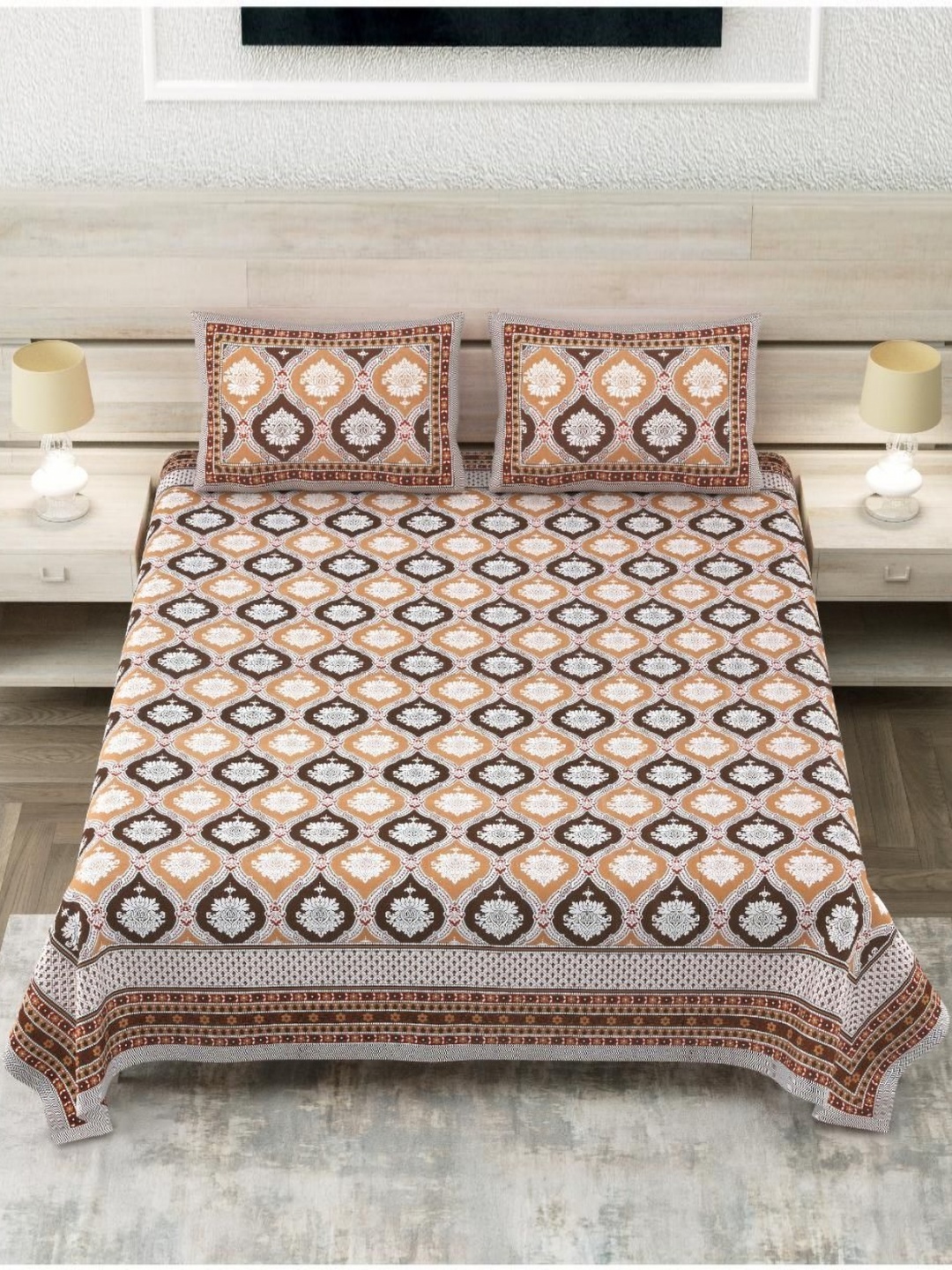 

Block Print Story Heritage Brown & White Cotton 210 TC King Bedsheet With 2 Pillow Covers