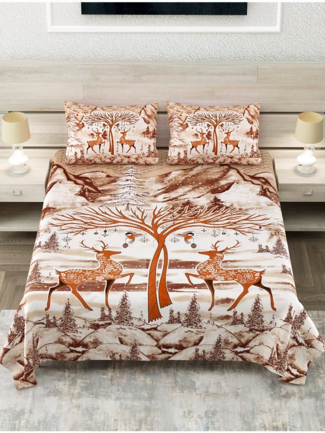 

Block Print Story Heritage Brown & White Cotton 210 TC King Bedsheet With 2 Pillow Covers