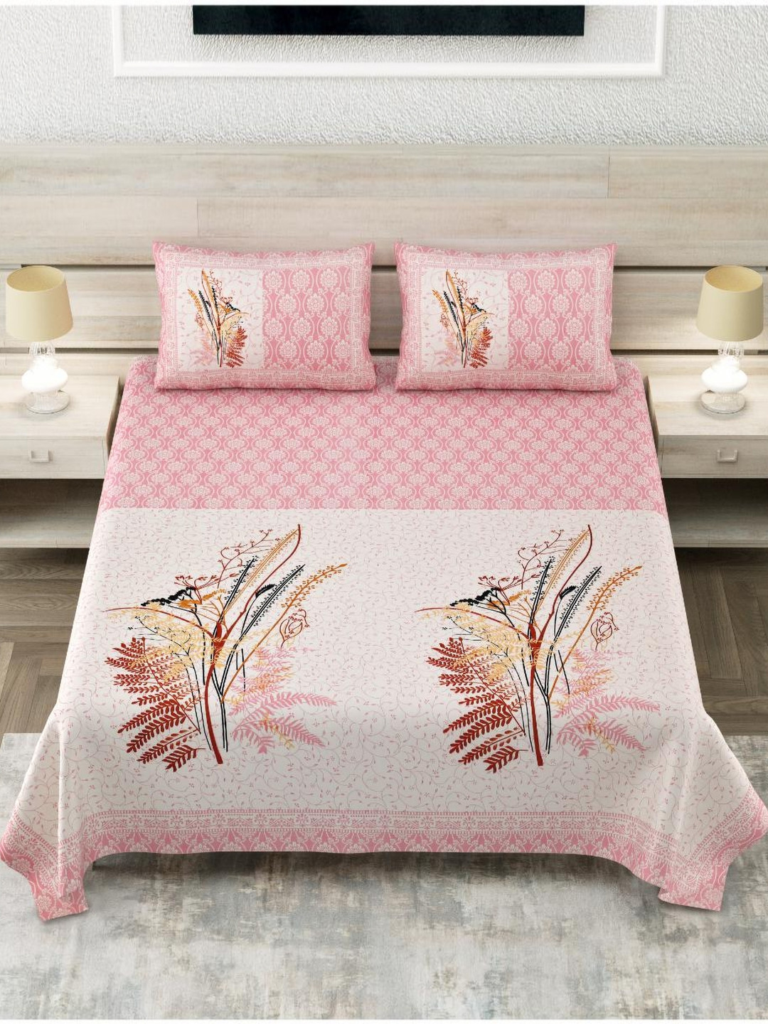 

Block Print Story Heritage Pink & White Cotton 210 TC King Bedsheet With 2 Pillow Covers