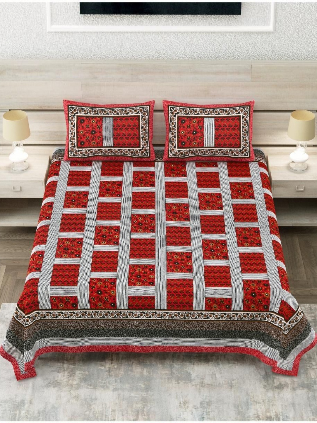 

Block Print Story Heritage Red & Black Cotton 210 TC King Bedsheet With 2 Pillow Covers